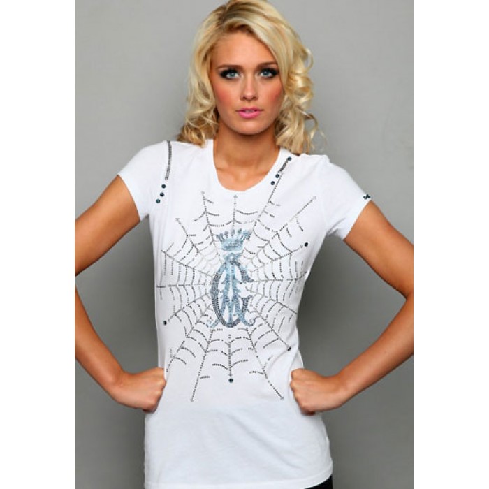 Women's Christian Audigier Lily And Lace Foiled V-Neck Tee Light Blue