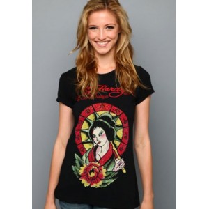 Women's Ed Hardy Geisha Parasol Platinum Tee Black