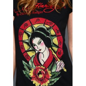 Women's Ed Hardy Geisha Parasol Platinum Tee Black