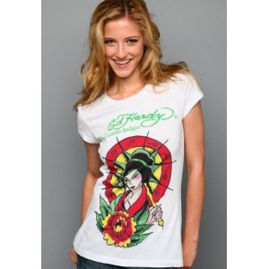 Women's Ed Hardy Geisha Parasol Platinum Tee White