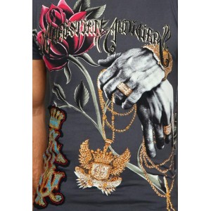 Christian Audigier Rosary Rhinestone Tee Grey