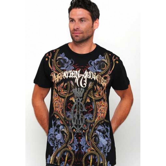 Christian Audigier Roses And Flames Platinum Tee in Black