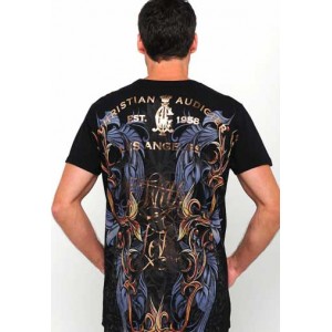 Christian Audigier Roses And Flames Platinum Tee in Black