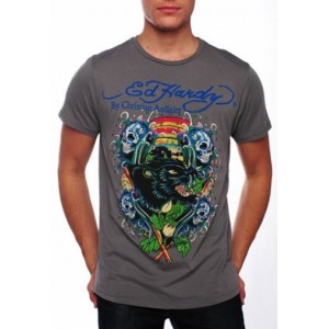 Men's Ed Hardy Panther Skull Waves Platinum Tee