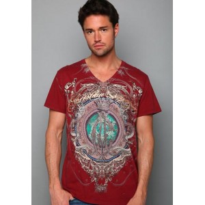 Christian Audigier Serpent Seal Platinum V-Neck Tee Wine