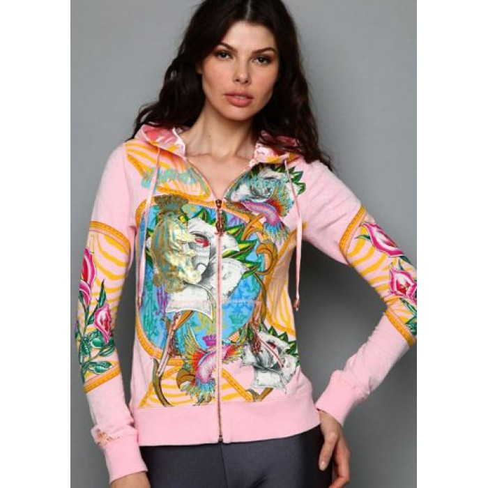 Women's Christian Audigier Monarchy Embroidered Velour Hoody Pink