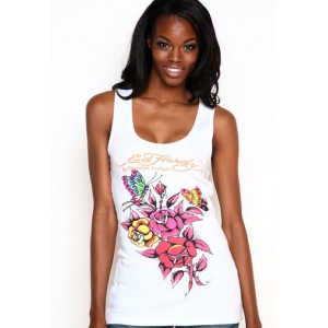 Ed Hardy Three Old School Roses Basic Ribbed Tank Outlet