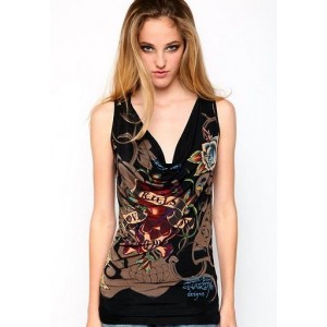 Ed Hardy Flowers And Butterfly Platinum Ribbed Tank