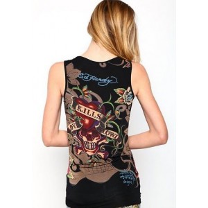 Ed Hardy Flowers And Butterfly Platinum Ribbed Tank