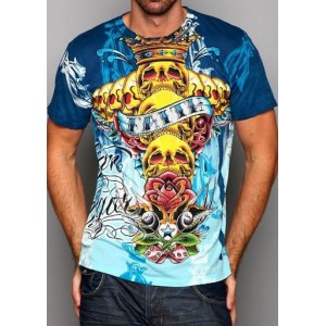 Christian Audigier V8 Speed Studded Double Sleeve Tee Blue
