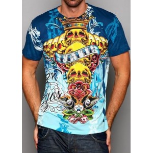 Christian Audigier V8 Speed Studded Double Sleeve Tee Blue